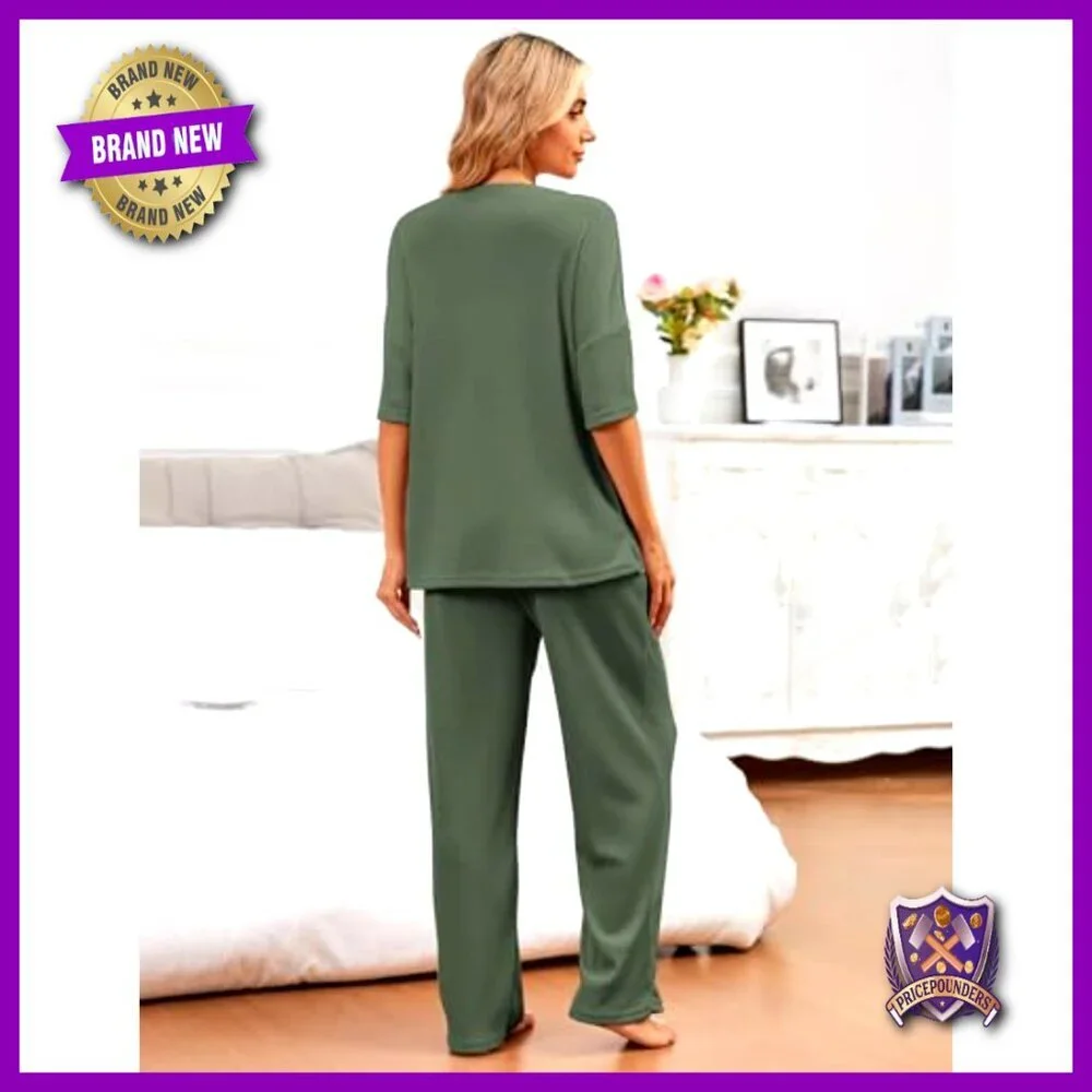 Waffle Knit Pajama Set Short Sleeve Top Long Pants Lounge Sleepwear